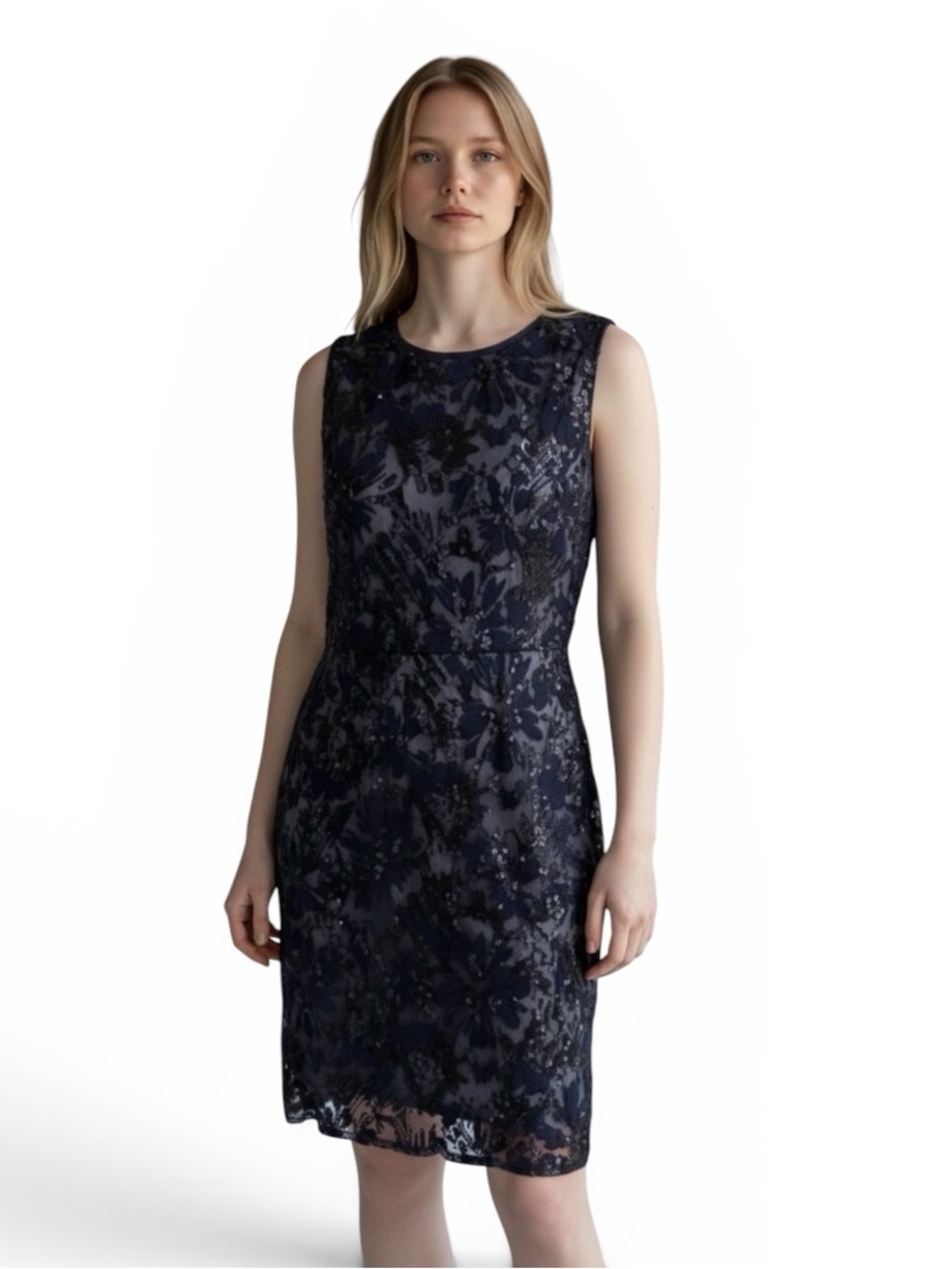 Brooks Brothers Navy Floral Lace Sparkly Sequin Sleeveless Women’s Dress, 12